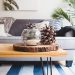 clear fishbowl beside pine cones on brown wooden table